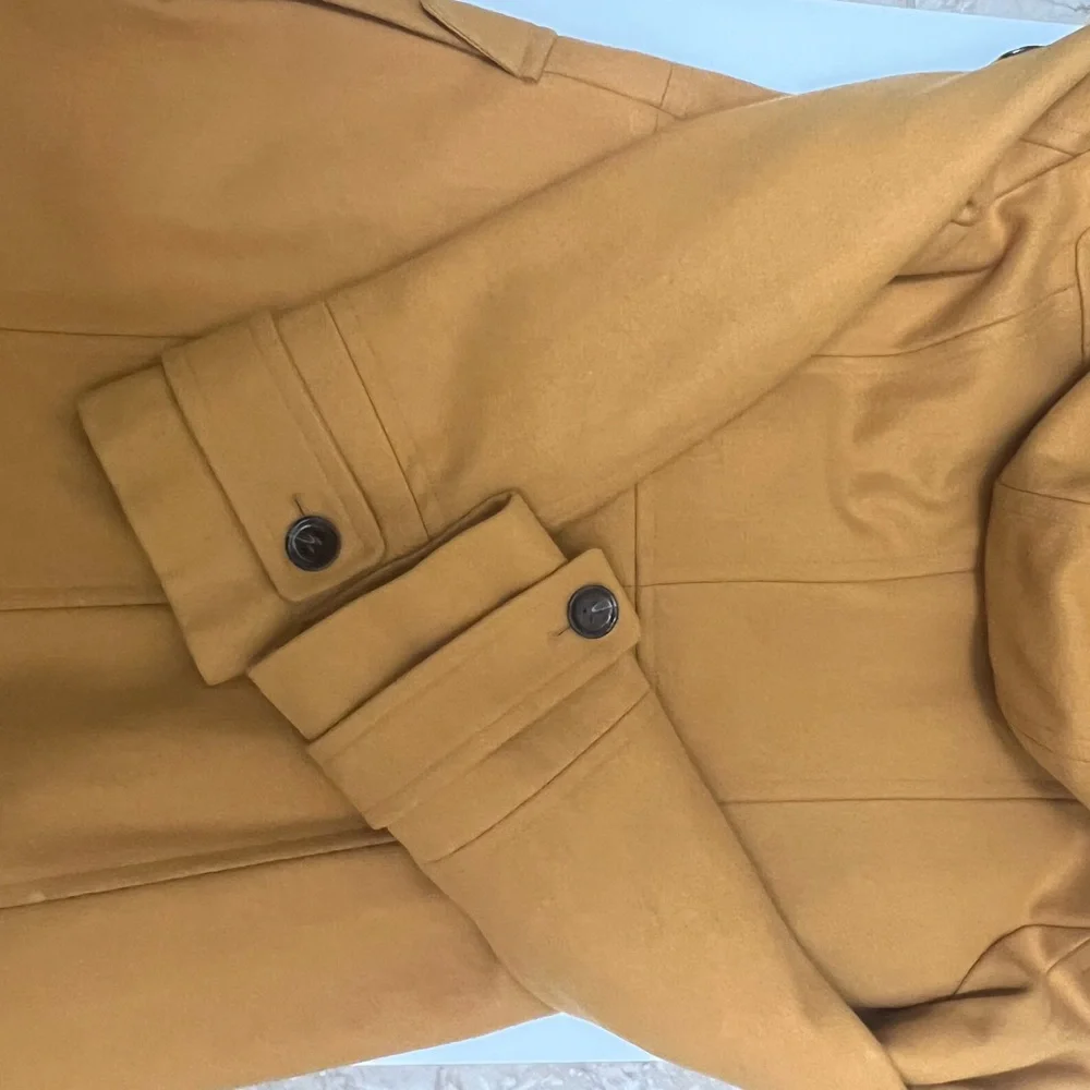 Calvin Klein mustard color wool blend hooded with fur pea coat toggle buttons - Picture 10 of 10